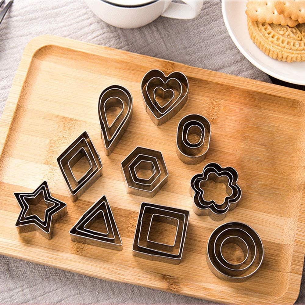 Mini Cookie Cutter Set - 30 Pieces Small Cookie Cutters for Pastry Dough, Pie Crust, and Fruit Cutting - 10 Different Shapes, Stainless Steel, Silver