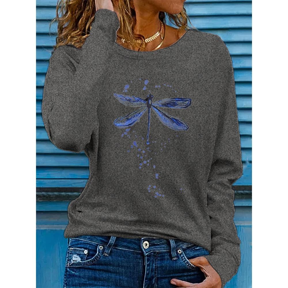 Spring and Autumn women's fashionable casual loose dragonfly print round neck long sleeved T-shirt base shirt