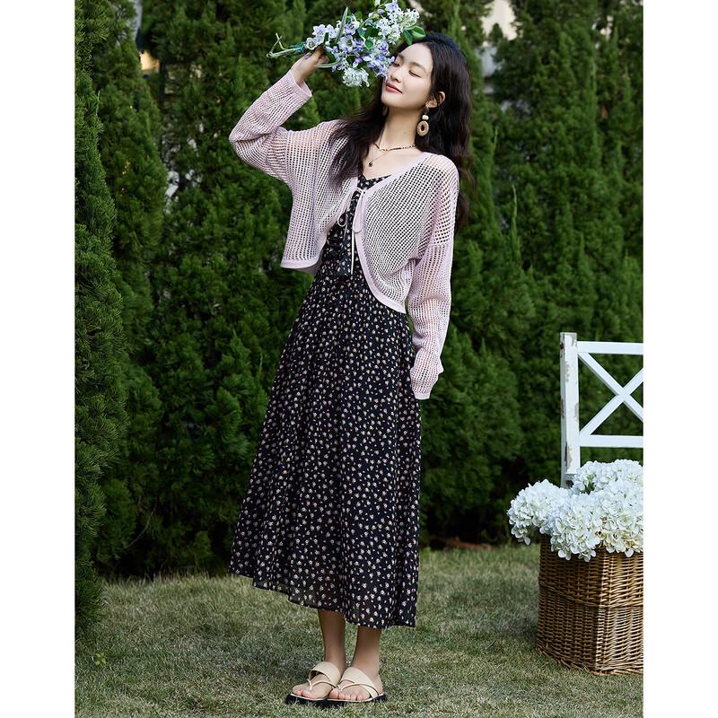 Women's Summer Tie-Knit Cardigan & Printed Chiffon Dress Set