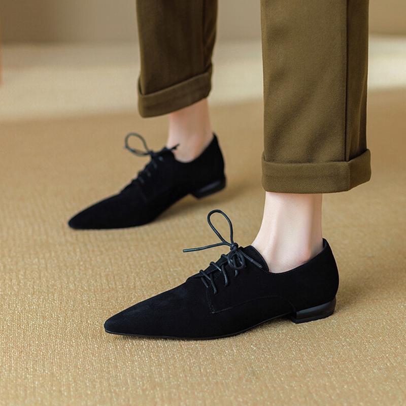 Fashion NEW Spring/Autumn Women Pumps Sheep Suede Leather Shoes for Women Pointed Toe Low Heel Shoes Casual Black Lace-up Handmade Shoes
