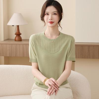 Women's Summer Ice Silk Knit Top - Short Sleeve, Round Neck, Loose Fit for Middle-Aged and Elderly