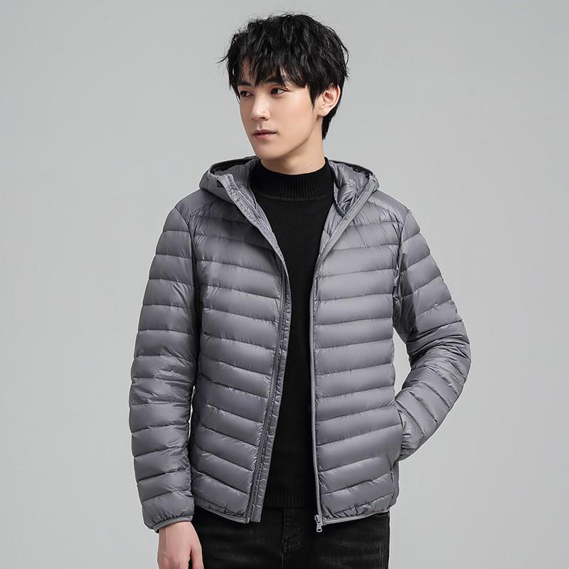 Mens Lightweight Short Down Jacket Hooded Stand Collar Winter Warm Outerwear 90% White Duck