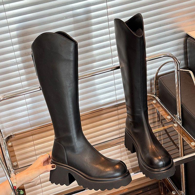 Round head solid color rear zipper boots women's autumn and winter new fashionable retro tall boots thick-soled heightening knight boots