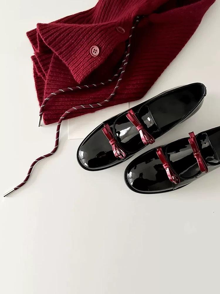 Korean Double Bow Patent Leather Small Leather Shoes Women's Spring and Autumn New Thick Heel Round Head One Pedal Loafers Commuter Shoes