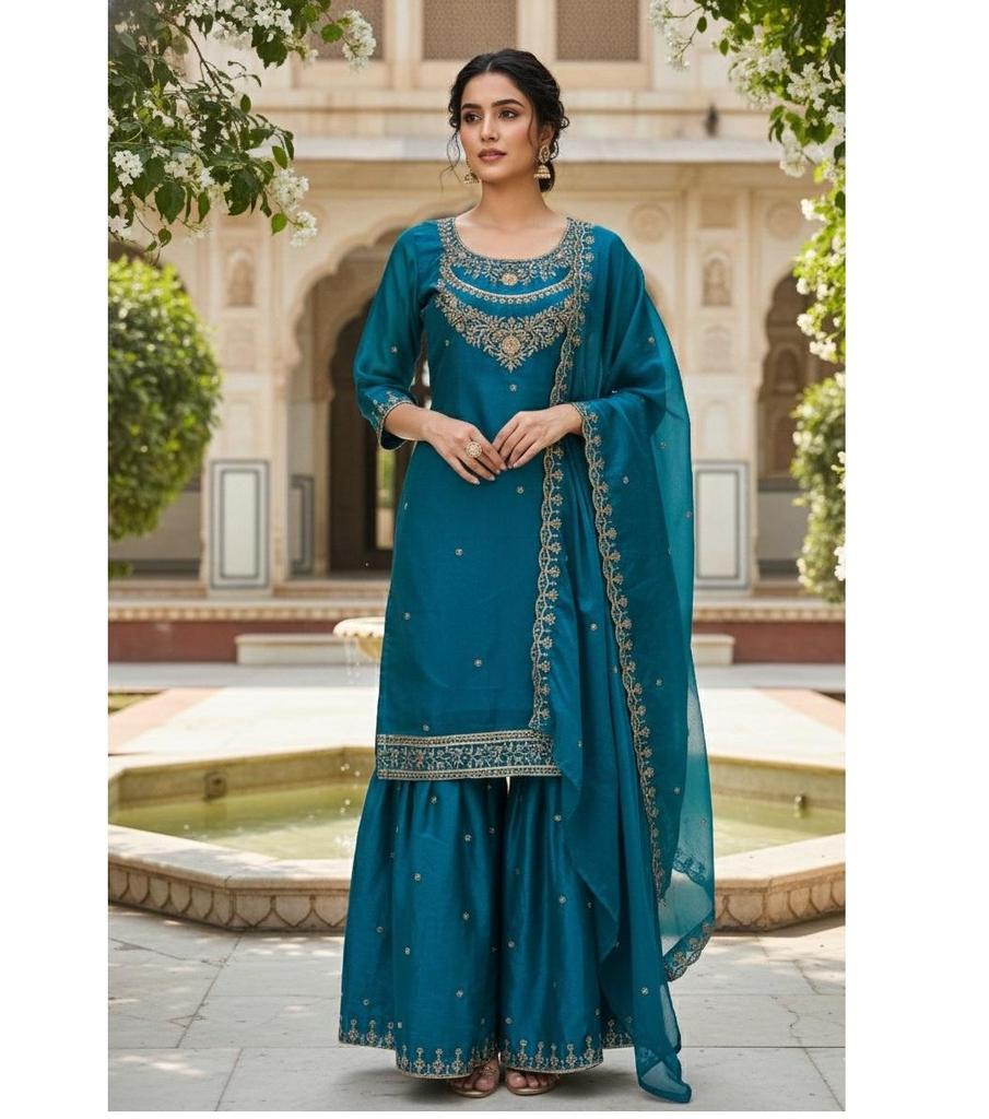 Women Bollwood Fendy Fabric Salwar Suit Sharara Set Indian Designer Party Wear Salwar Kameez