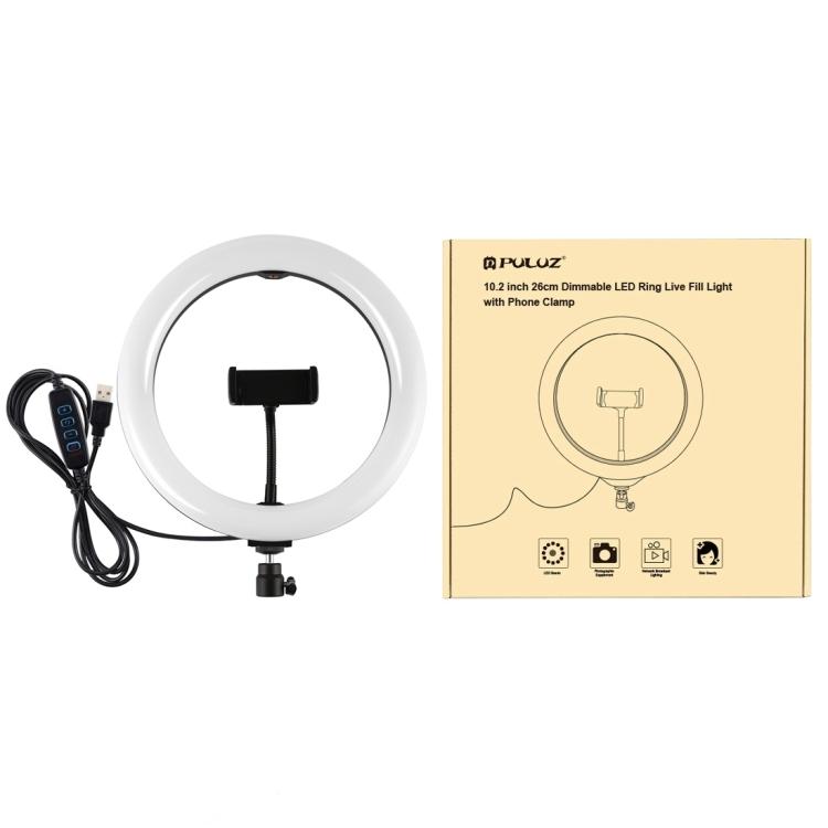 PULUZ 10.2 Inch 26cm USB 3 Modes Dimmable LED Ring Vlogging Selfie Beauty Photography Video Lights with Tripod Ball Head & Phone Clamp