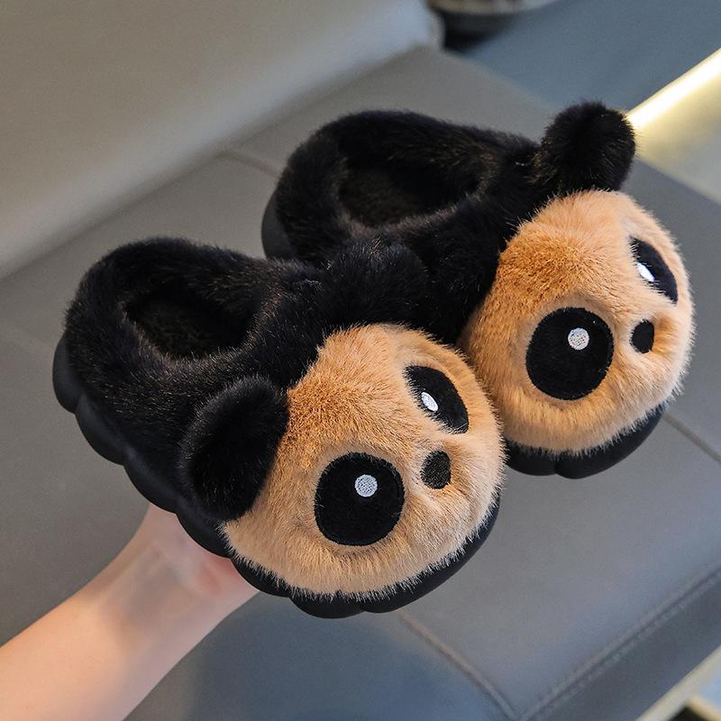 Winter children's cotton slippers for boys and girls, panda design, warm and plush, cute parent-child home shoes with covered heel