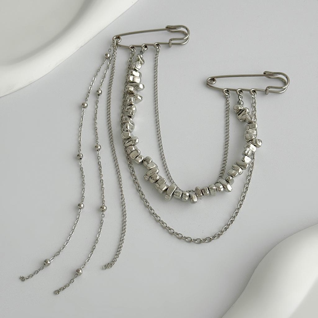 Punk Hip Hop Long Chain Fringed Brooch, Fashionable Shining Star Double Pin Suit Pendant