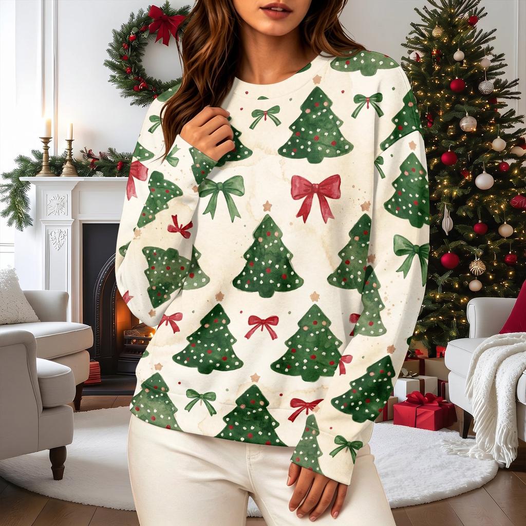 Women's Casual Long Sleeve Christmas Print Neck Pullover Sweatshirt Top