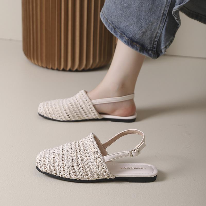 Bohemian linen woven breathable empty bag head half slippers women's 2025 new flat-bottomed sandals