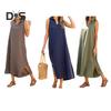 Women's Cotton Linen Maxi Dress Casual V-Neck Sleeveless Loose Tank Dress Summer Beach Long Split Sundress