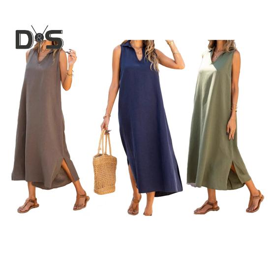 Women's Cotton Linen Maxi Dress Casual V-Neck Sleeveless Loose Tank Dress Summer Beach Long Split Sundress