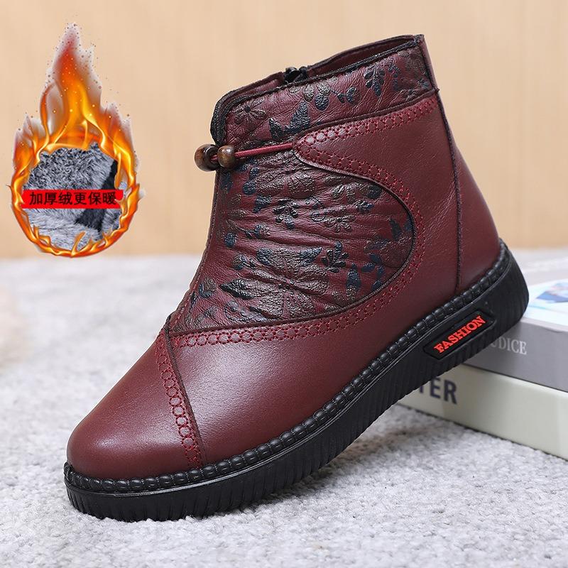 Women's Embroidered Floral Winter Boots, Non-Slip Soft Sole Warm Faux Fur Lined Ankle Boots, Comfortable Cotton-Padded Shoes for Women
