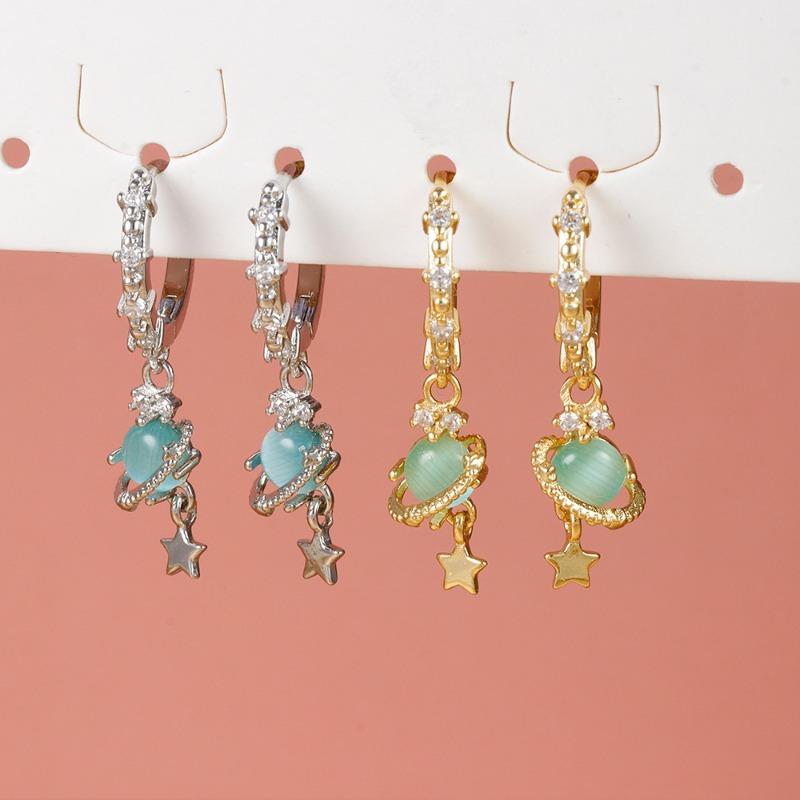 New Vintage Cute Circle Star Earrings Exquisite Blue Planet Zircon Hoop Earring For Women Girls Fashion Jewelry Gifts