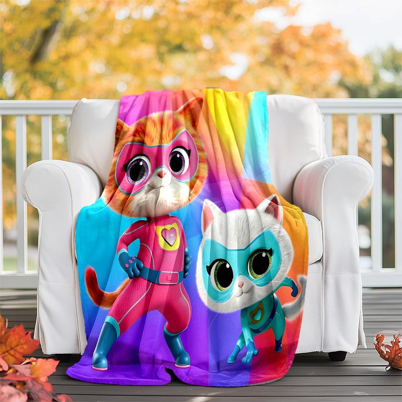 1pc Super Kitties Adventures1 Theme Soft Flannel Throw Blanket - Digital Print, Polyester, Cozy for All Seasons, Perfect for Outdoor, and Travel
