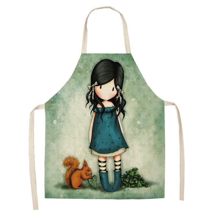 Cartoon Kitchen Apron Cute Girl Print Linen Ladies Kitchen Home Roasted Life Bib Apron Household Cleaning Tools Delantal