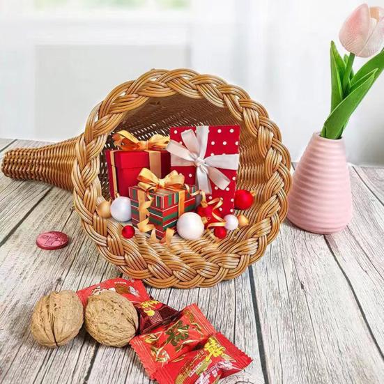 Vánoční koš hojnosti Koš ve tvaru rohu z ratanu Velkokapacitní víceúčelový úložný koš Díkůvzdání Domácí dekorace