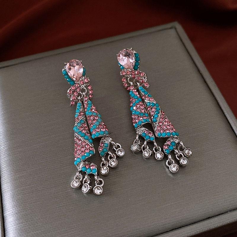Retro Court Style Silver Needle Zircon Flower Fringed Earrings Light Luxury High-end Stud Earrings Simple Fashion Temperament Earrings