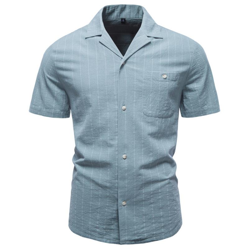 2026 Summer High-Quality Cotton Cuban Collar Vertical Stripe Shirt for Men, Business Casual Men's Short Sleeve Shirt