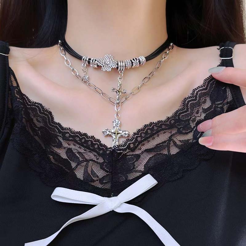Punk Silver Color Cross Pendant Necklaces for Women Vintage Metal Double Layered Choker Necklaces Party Jewelry Gifts