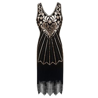 Vintage V-neck Sequined Fringed Dress, Evening Dress, Gatsby Dinner Dress, Stage Performance Dress.