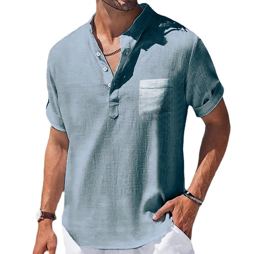 Summer Men's Stand Collar Buckle Half Cardigan Cotton and Linen Short Sleeve Men's T-shirt Simple Short Sleeve Shirt Sports Casual