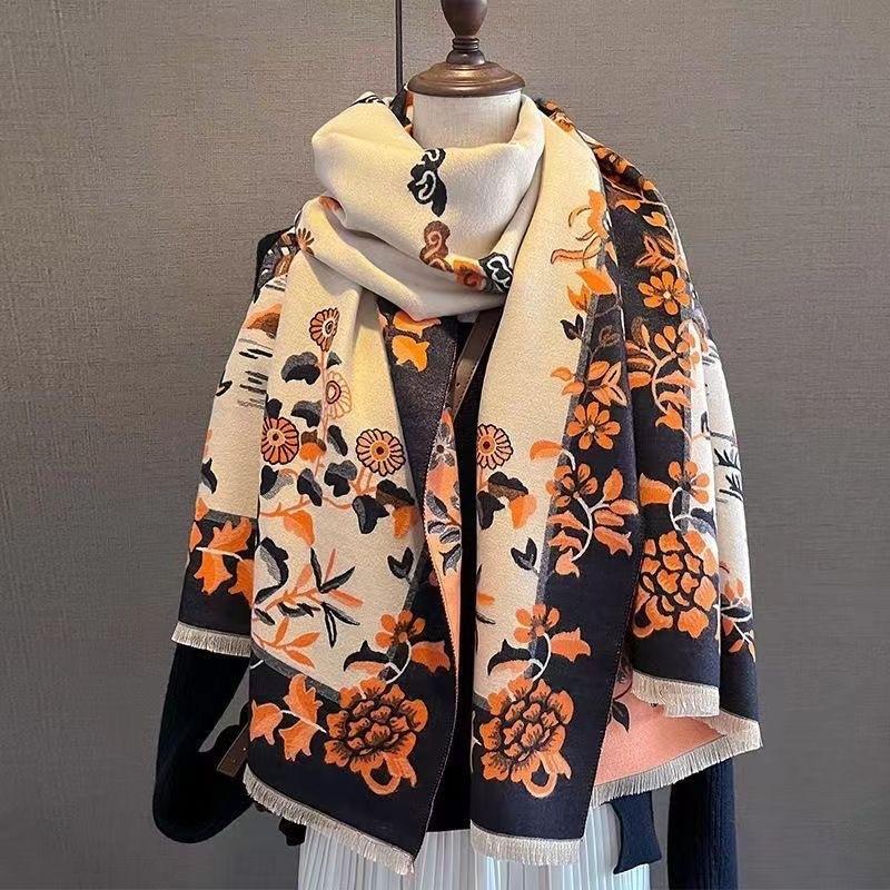 Autumn and Winter Landscape Classic Print Thickened Warm Women's Shawl Imitation Cashmere Skin Friendly Short Fringed Scarf