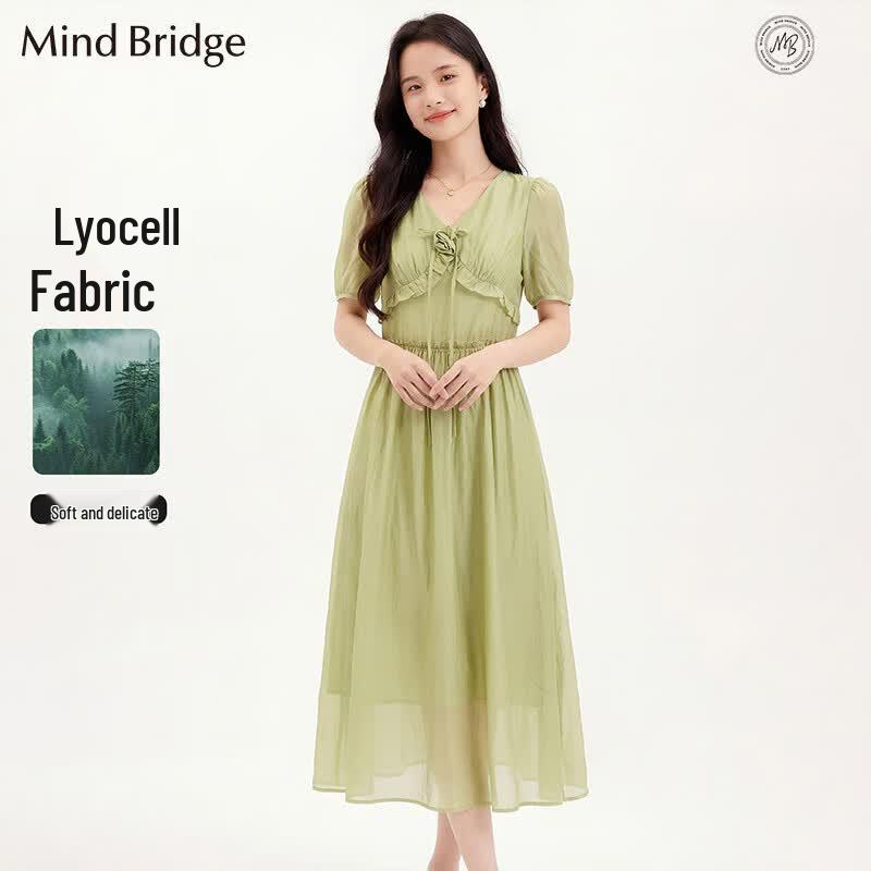 Mind Bridge Women s Short Sleeve Lyocell Tencel V-Neck A-Line Dress L