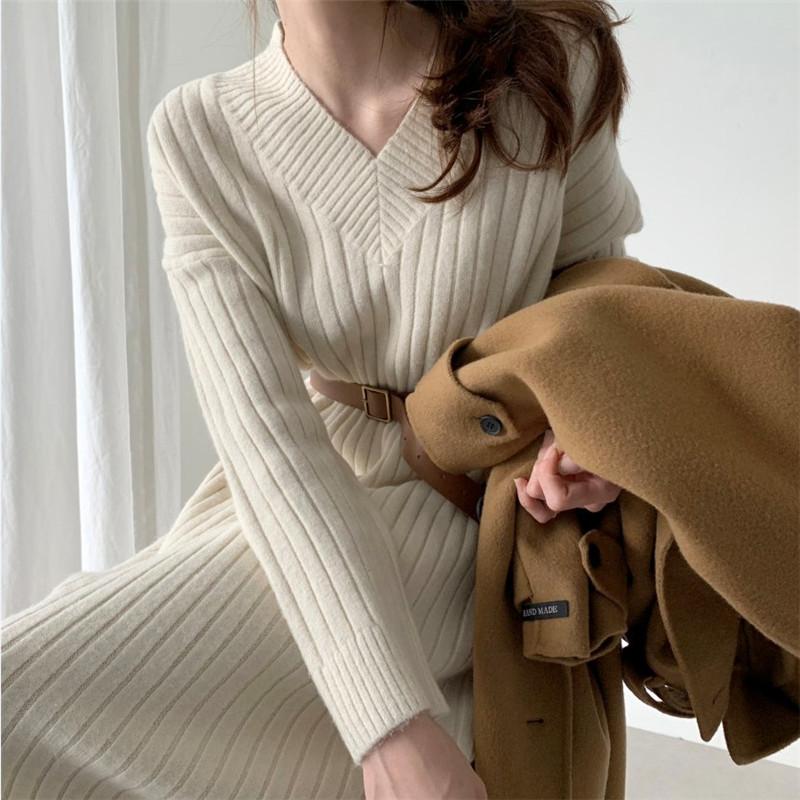 Korean Women's Winter Clothes Beige Knit Knitwear To Knee Long Dress Office Lady Pullovers Sweater Dresses For Women