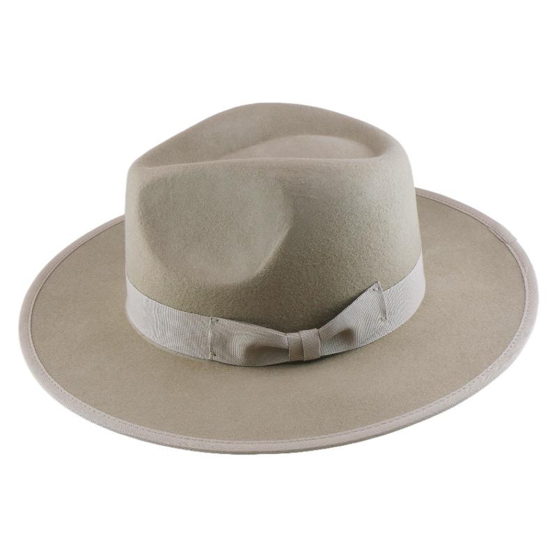 Ветрозащитная Шерстяная Фетровая Шляпа Шляпа Ковбойская с Пером Шляпа Джазовая с Плоской Тульей L（58-60cm）