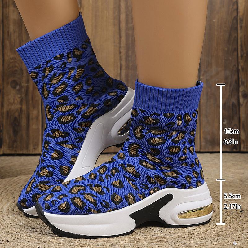 Fashion Fashion Leopard Print Platform Ankle Boots Women Comfy Slip On Breathable Knitted Boots Woman Plus Size 35-43 Wedges Short Boots