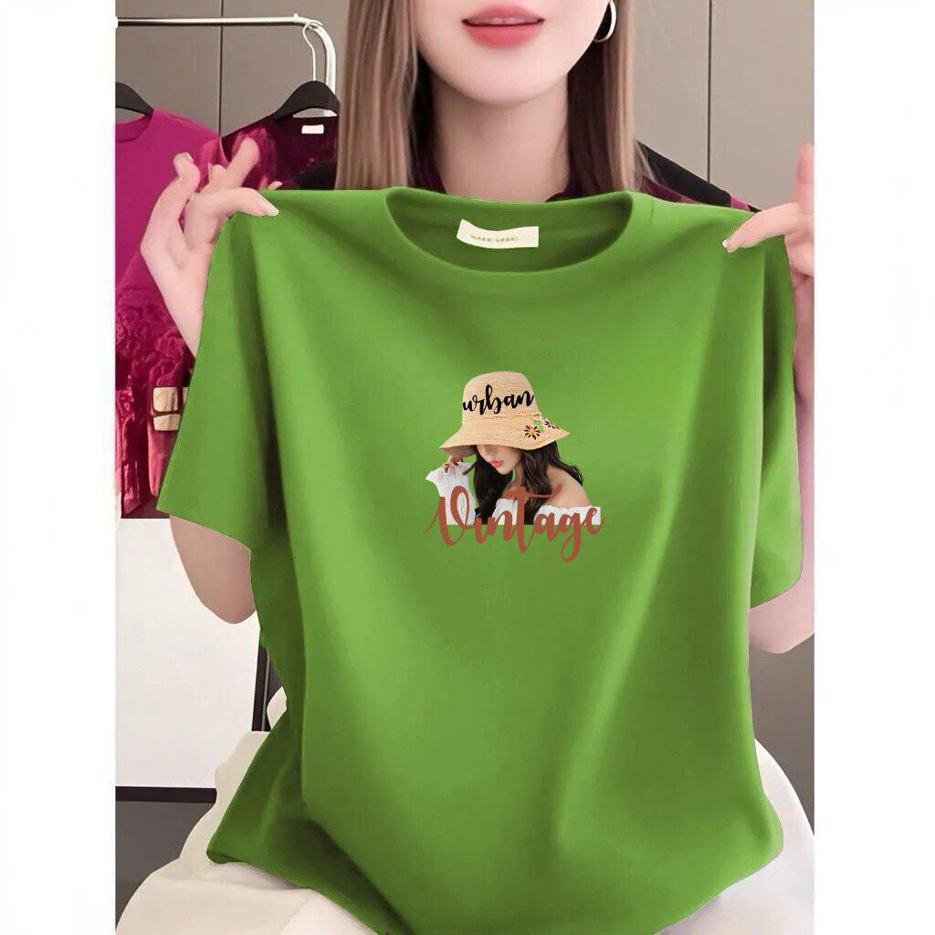 Korean Retro Print Loose Plus Size Women's T-Shirt, Round Neck, Short Sleeve, Slimming Style