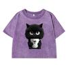 Czarny Kot Trzymający Kubek Nadruk Damski Prany Krótki T-Shirt Letnie Chłodne T-Shirty Ubrania z Efektem Znoszenia Oddychający Miękki T-Shirt