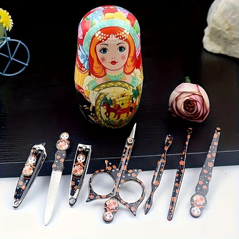 7Pcs Nail Tools Nail Clipper Set Russian Nesting Doll Style Nail Clipper Kit Manicure Nail Polishing Shaping Trimming Tool