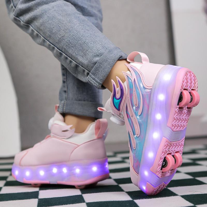 2025 Spring and Autumn New Children's Charging Light Shoes Sports Skates Runaway Shoes Four-wheel Pulley Shoes Button Sports Shoes