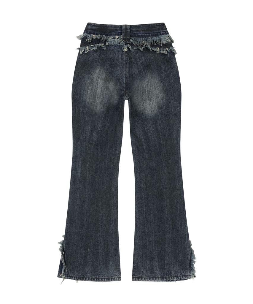 ORDINARY HOLIDAY Fringe Loose Boots Cut Pants [Blue]