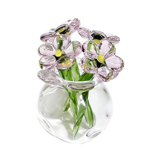 Cute Mini Faux Crystal Flower Figurine Hand Blown Glass Bouquet Collectible Small Flower