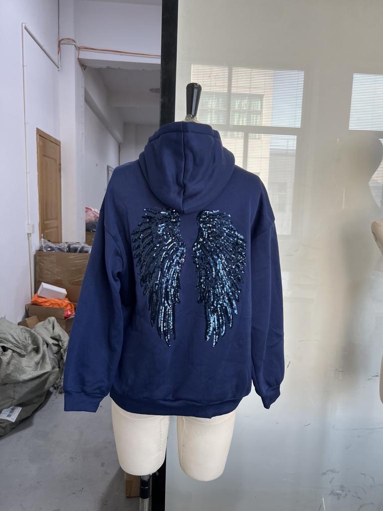 2KWEIRD Women's Shinny Sequin Angel Wings Hooded Jacket Pant Long Sleeve Loose Casual Hooded Pullover New Lady Y2K Autumn Outwears