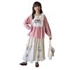 2025 Autumn Forest Style Color Block Lace Trim Embroidered Round Neck Long Sleeve Top
