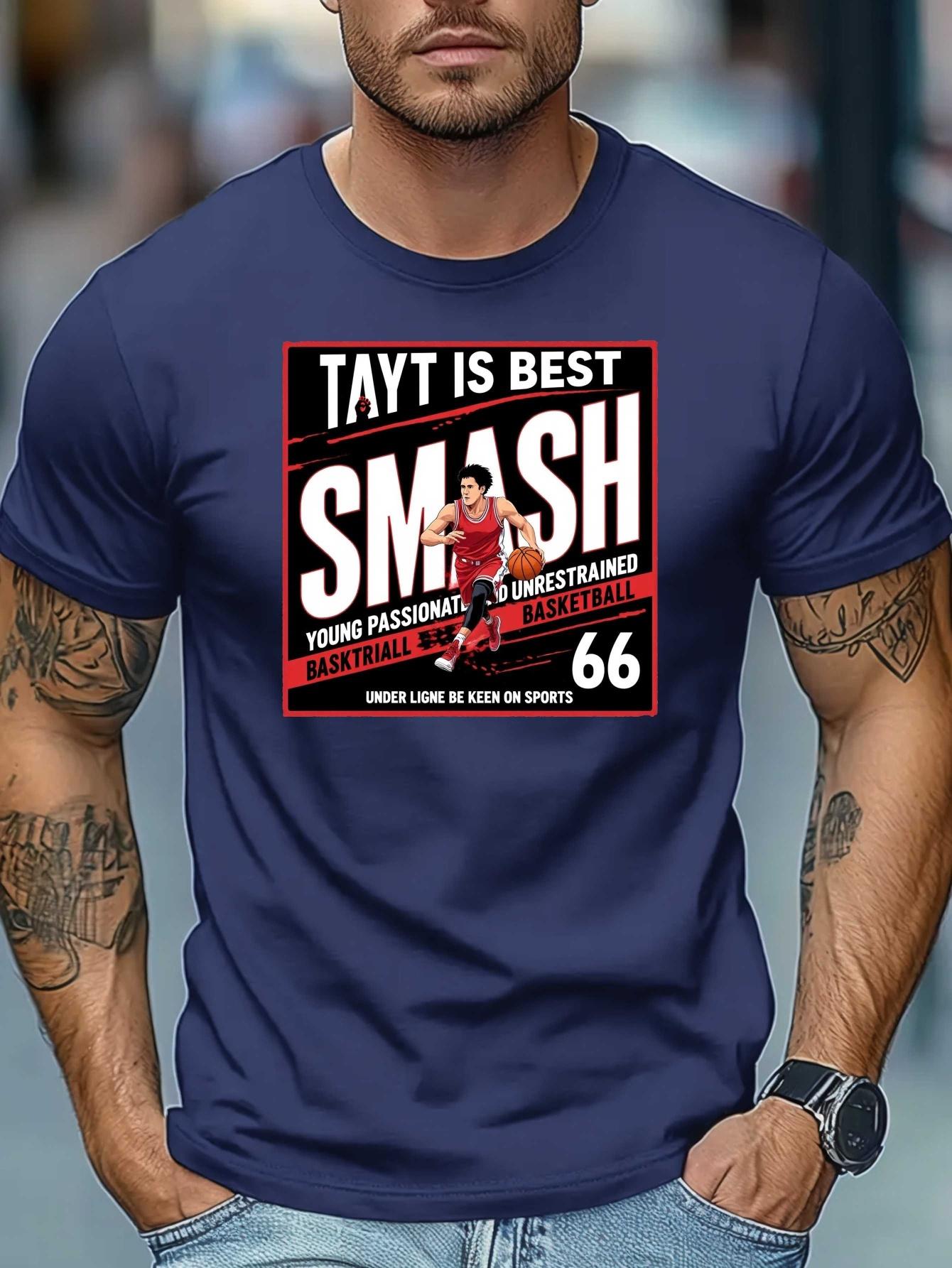 606 Cotton Blend Micro-Stretch T-shirt - Basketball Graphic Print with  TAYT IS BEST SMASH  Slogan S
