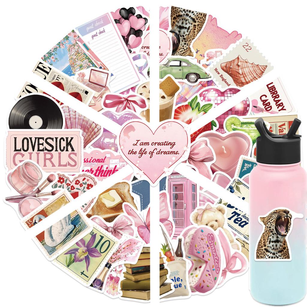 50-Piece Cartoon Pink Aesthetic Series Stickers - Waterproof PVC Decorative Decals for Trash Journal Scrap Decoration, DIY