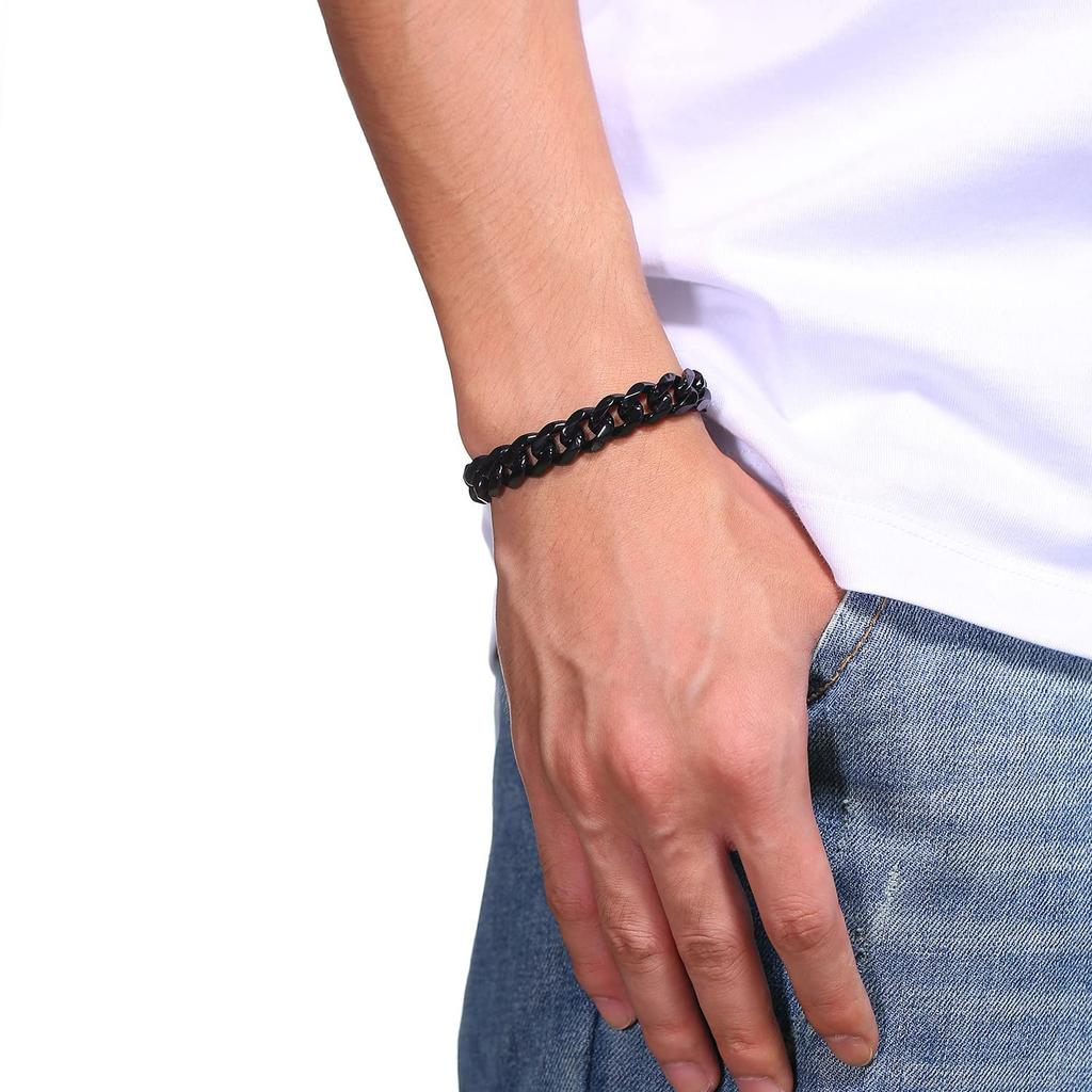 [Deelfel] Bracelet Chain, Black, 23cm, Shiny Surface, Curb Chain, Titanium, Hypoallergenic, Perfect for Anniversaries, New Year's, Parties, Gifts, Sty