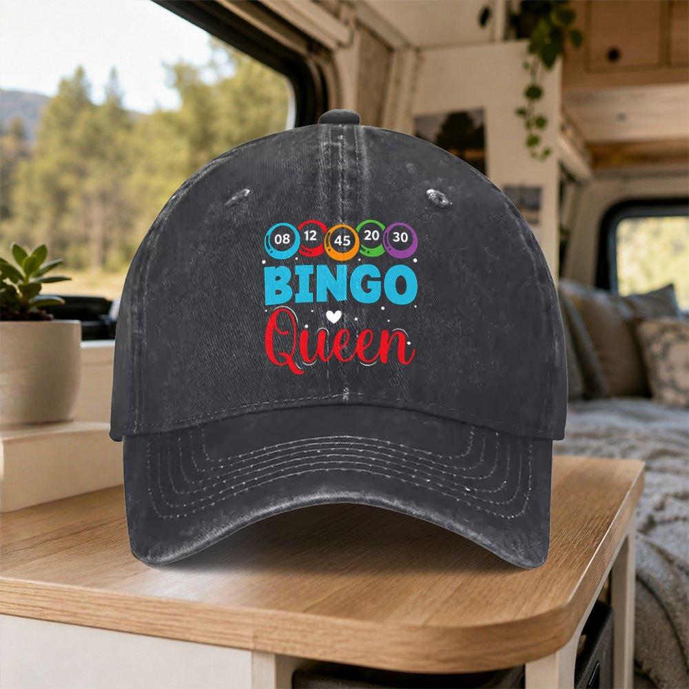 Bingo Queen Vintage Washed Baseball Cap Retro Duckbill Hat Adjustable Unisex Casual Outdoor Party Gift
