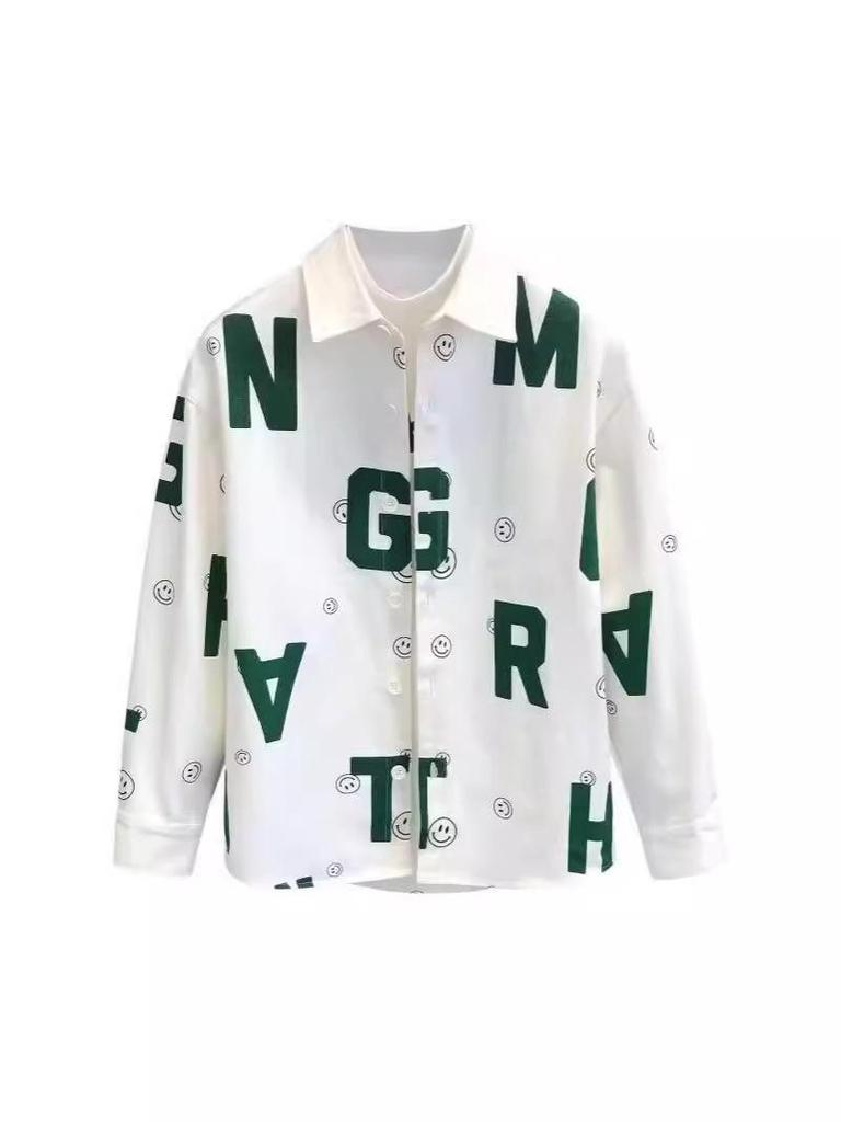 Unisex Korean Letter Print Long-Sleeve Casual Shirt Jacket - Trendy, Loose-Fit for Spring & Autumn