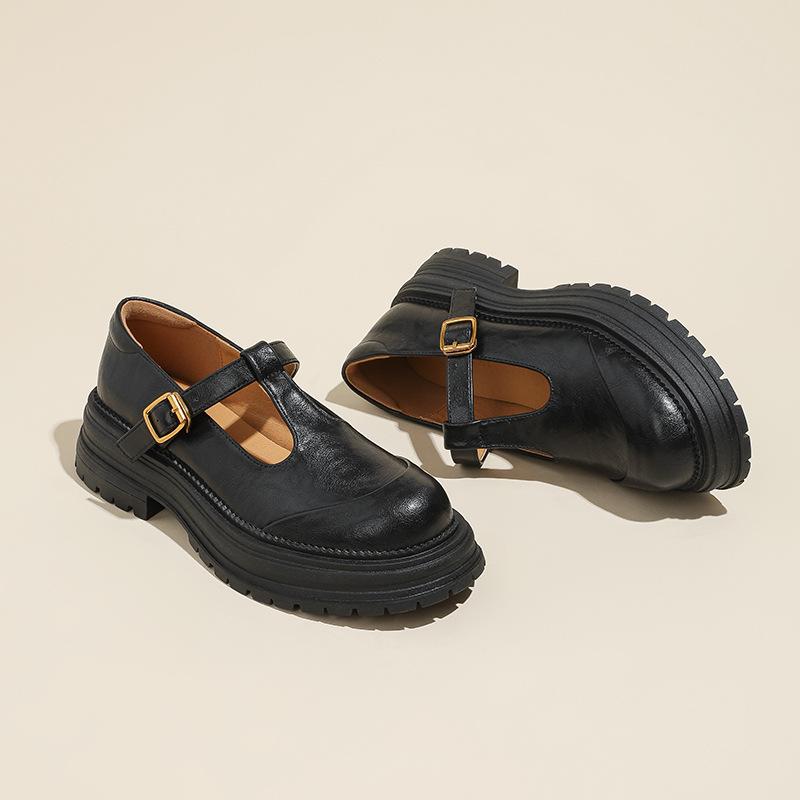 French retro Mary Jane women's shoes 2025 spring new small one-word buckle single shoes thick-soled thick high-heeled leather shoes