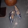 Sheepskin version~ Spring and summer pointed retro silver Mary Jane wedge small leather shoes one-button high-heeled single shoes women