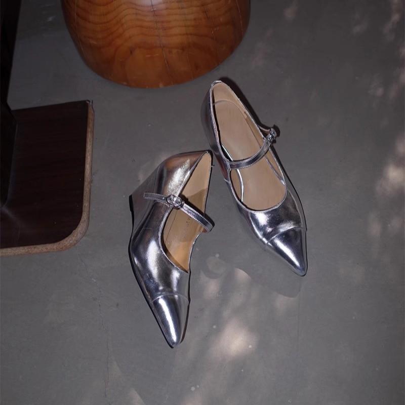 Sheepskin version~ Spring and summer pointed retro silver Mary Jane wedge small leather shoes one-button high-heeled single shoes women