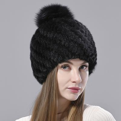 Natural Mink Fur Hats Women Knitted Beanies Woolen Lining Fox Fur Pompom Warm Female Winter Hat