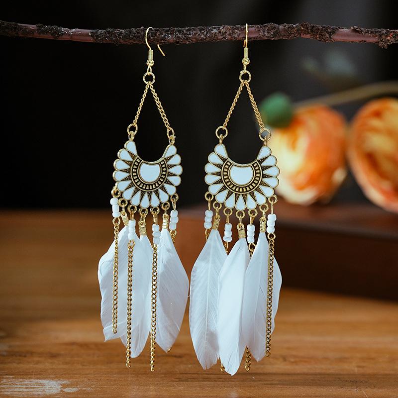 Modische Böhmische Bunte Federohrringe für Damen Ethnischer Stil Lange Geometrische Ohrringe Damen Schmuck Accessoires Geschenk