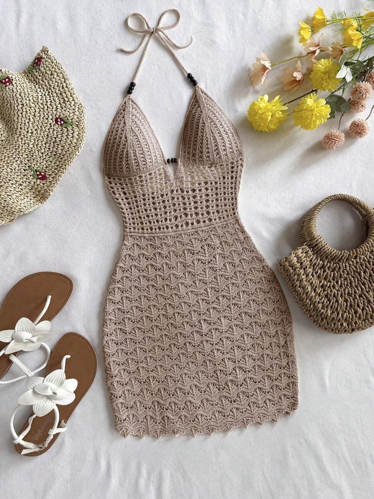 Abito Maxi da Donna Bianco all'Uncinetto con Scollo all'Americana e Dettagli di Perline, Allacciatura Frontale, Abito da Spiaggia Boho